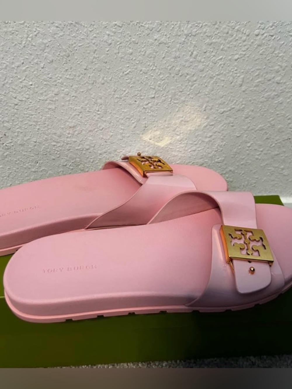 Tory Burch Pale Pink Slide Sandals with Gold Logo Plaque